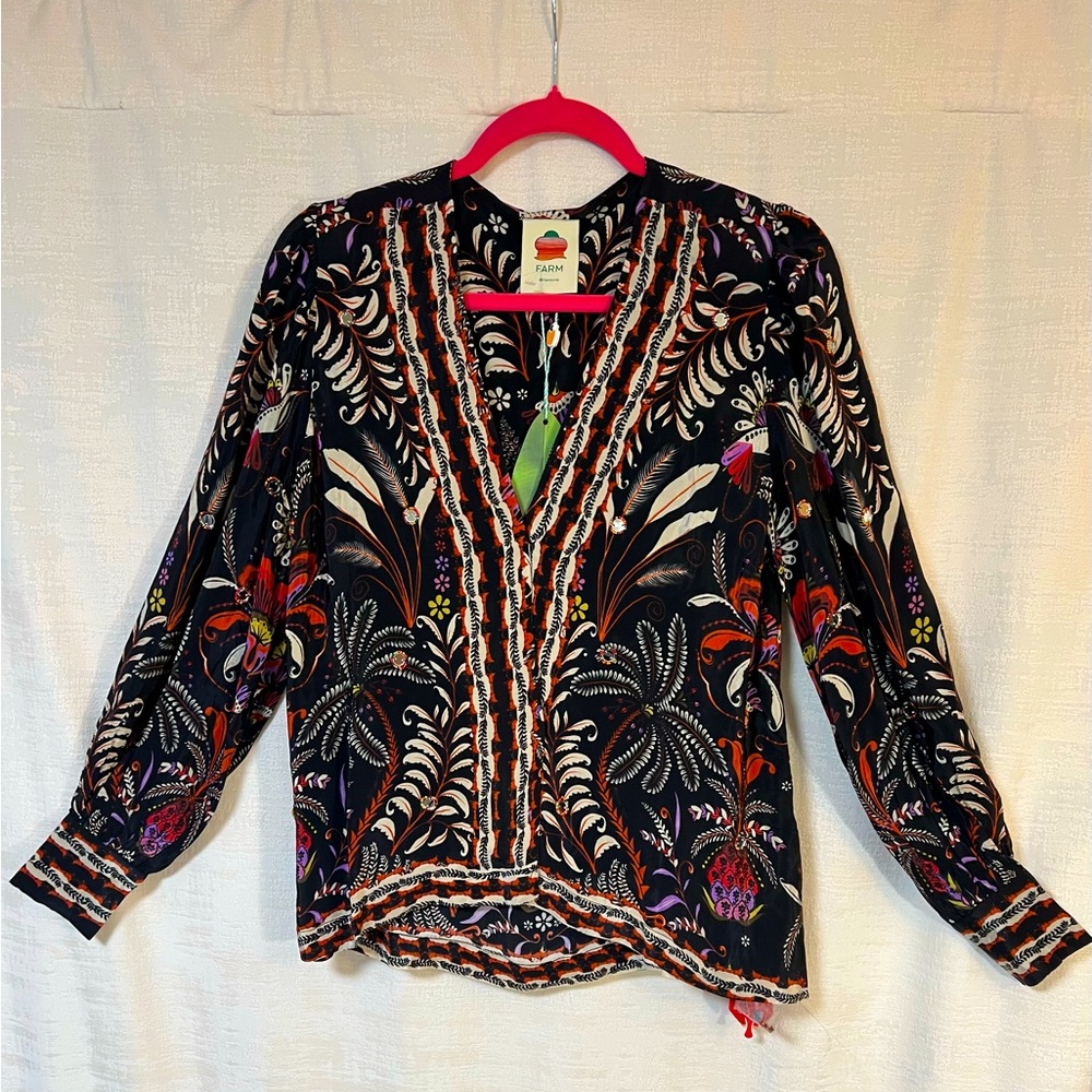 Farm Rio NWT Garden Print Black Long Sleeve Floral Mirror Beaded Button Blouse - Picture 4 of 14